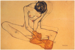 Egon Shiele,nudo femminile seduto con drappo giallo.