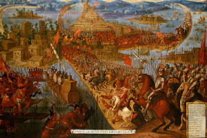 Hernan Cortes attacking the Aztec capital city, Tenochtitlan, in 1521, a year after ' the sad night'. For this attack he had