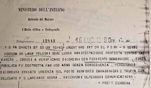 Telegramma sulla sommossa popolare del 1919 (Archivio Centrale dello Stato, Roma)