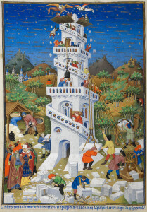 a torre di Babele, dalle Ore di Bedford, sec. XV
