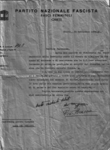 Lettera d'elogio inviata dalla segreteria provinciale del partito fascista di Chieti, alla Signora Tabassi per l'assistenza ai terremotati del 1933 (Archivio privato famiglia Tabassi):