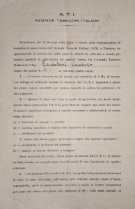 Prima pagina del contratto con l’Azienda Tabacchi Italiana (A.T.I.) di Vincenzo P., padre di Lidia P. contenente una prima definizione dei diritti e degli obblighi dei coloni sui terreni