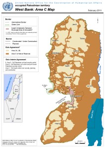 area C in Cisgiordania (OCHA 2011): la zona marrone indica le aree sotto completo controllo israeliano (Area C) in Cisgiordania 