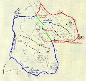 Mappa di Sonnino, in evidenza i due percorsi in cui si snoda la processione] 