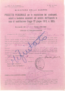 Documento del Ministero della guerra sula requisizione dei quadrupedi