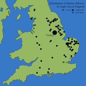 Distribuzione dei ritrovamenti di Dirham d'argento nell'Inghilterra anglosassone