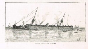 L’Utopia, recuperata dal fondo marino il 9 luglio, viene trainato a riva. Immagine tratta da The raising of the Utopia, in “The Strand Magazine”, 4 (1892), Jul.-Dec., pp. 48-52.