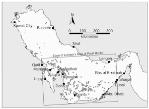 Figure 1: Lorimer’s Early 20th-century Map of Gulf Pearl Banks, Major Towns, and Sites: Source: (Lorimer, 1915; Carter, 2005)