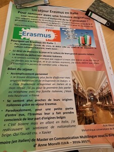 Locandina del Master in Comunicazione Multilingue diretto dalla professoressa Morelli presso l’Université libre de Bruxelles dal titolo “Un séjour Erasmus en Italie puor renouer avec une histoire migratoire”, anno scolastico 2016-2017.