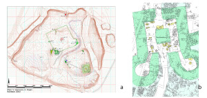 a. Pianta generale di Kok Tepe; b. pianta dettagli di scavo, da Frantz Grenet - Page personnelle - Kok tepe (free.fr)