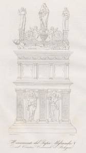 Figura 3. La tomba vista da Salvatore Muzzi. Fonte: Salvatore Muzzi, «Monumento sepolcrale di papa Alessandro Quinto nel cimitero comunale di Bologna», in Eletta dei monumenti più illustri e classici, sepolcrali ed onorarii di Bologna e suoi dintorni, compresi gli antichi del cimitero, vol. 2 (Bologna: Litografia Zannoli - Tipi di Jacopo Marsigli, 1840).